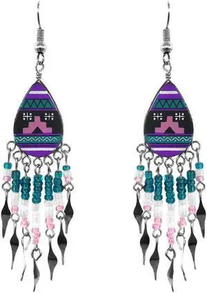Tribal Pattern Teardrop Shaped Ceramic Long Beaded Metal Dangle Earrings - Womens Fashion Handmade Jewelry Boho Accessories