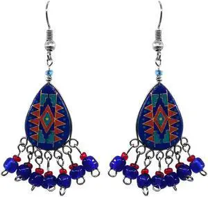 Tribal Pattern Teardrop Shaped Ceramic Short Beaded Metal Dangle Earrings - Womens Fashion Handmade Jewelry Boho Accessories