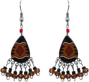 Tribal Pattern Teardrop Shaped Ceramic Short Beaded Metal Dangle Earrings - Womens Fashion Handmade Jewelry Boho Accessories
