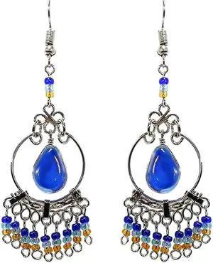 Teardrop Shaped Cat's Eye Glass Bead Round Silver Metal Hoop Beaded Dangle Earrings - Womens Fashion Handmade Jewelry Boho Accessories