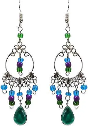 Round Silver Metal Hoop Teardrop Shaped Cat's Eye Glass Bead Long Beaded Dangle Earrings - Womens Fashion Handmade Jewelry Boho Accessories