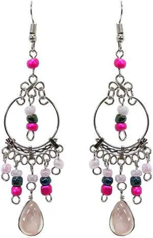 Round Silver Metal Hoop Teardrop Shaped Cat's Eye Glass Bead Long Beaded Dangle Earrings - Womens Fashion Handmade Jewelry Boho Accessories