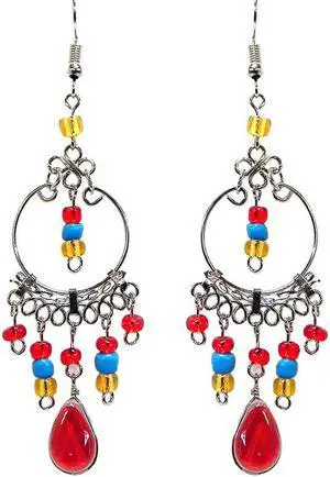 Round Silver Metal Hoop Teardrop Shaped Cat's Eye Glass Bead Long Beaded Dangle Earrings - Womens Fashion Handmade Jewelry Boho Accessories