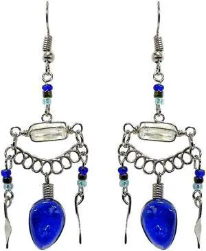 Horizontal Wire Wrapped Clear Quartz Crystal Teardrop Shaped Cat's Eye Glass Bead Metal Dangle Earrings - Womens Fashion Handmade Jewelry Boho Accessories