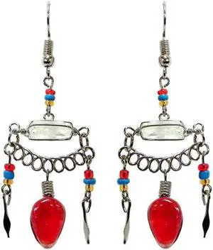 Horizontal Wire Wrapped Clear Quartz Crystal Teardrop Shaped Cat's Eye Glass Bead Metal Dangle Earrings - Womens Fashion Handmade Jewelry Boho Accessories
