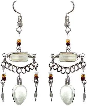 Horizontal Wire Wrapped Clear Quartz Crystal Teardrop Shaped Cat's Eye Glass Bead Metal Dangle Earrings - Womens Fashion Handmade Jewelry Boho Accessories