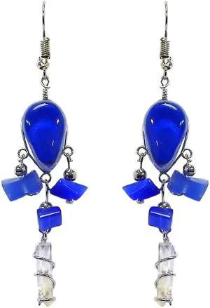 Teardrop Shaped Cat's Eye Glass Bead Chip Stone Wire Wrapped Clear Quartz Crystal Dangle Earrings - Womens Fashion Handmade Jewelry Boho Accessories