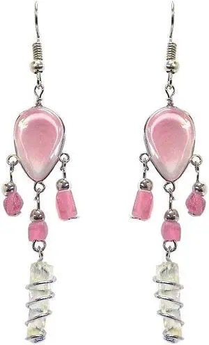 Teardrop Shaped Cat's Eye Glass Bead Chip Stone Wire Wrapped Clear Quartz Crystal Dangle Earrings - Womens Fashion Handmade Jewelry Boho Accessories