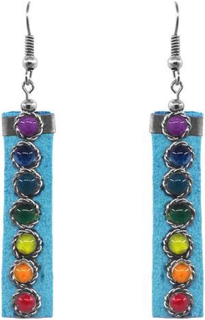 Chakra Rainbow Seed Beaded Rectangle Suede Material Drop Dangle Earrings - Womens Fashion Handmade Jewelry Boho Accessories