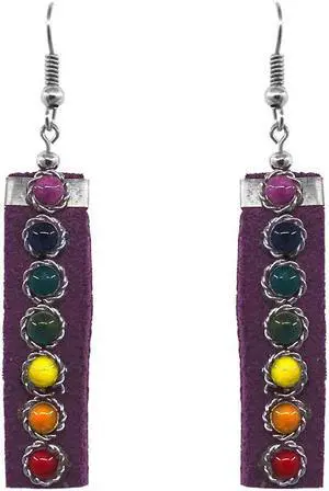 Chakra Rainbow Seed Beaded Rectangle Suede Material Drop Dangle Earrings - Womens Fashion Handmade Jewelry Boho Accessories