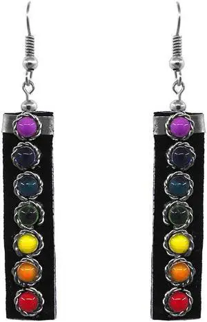 Chakra Rainbow Seed Beaded Rectangle Suede Material Drop Dangle Earrings - Womens Fashion Handmade Jewelry Boho Accessories