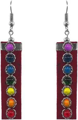 Chakra Rainbow Seed Beaded Rectangle Suede Material Drop Dangle Earrings - Womens Fashion Handmade Jewelry Boho Accessories