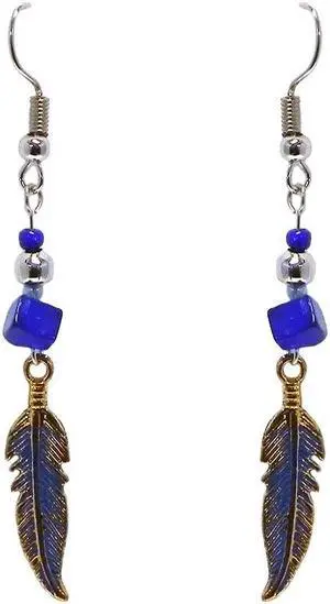 Colored Metal Feather Charm Chip Stone Drop Dangle Earrings - Womens Southwest Fashion Handmade Jewelry Boho Accessories