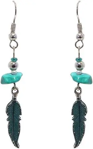 Colored Metal Feather Charm Chip Stone Drop Dangle Earrings - Womens Southwest Fashion Handmade Jewelry Boho Accessories