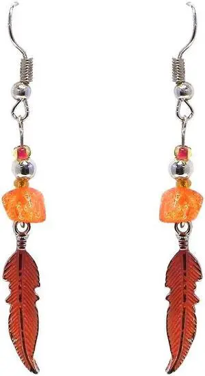 Colored Metal Feather Charm Chip Stone Drop Dangle Earrings - Womens Southwest Fashion Handmade Jewelry Boho Accessories