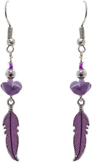 Colored Metal Feather Charm Chip Stone Drop Dangle Earrings - Womens Southwest Fashion Handmade Jewelry Boho Accessories