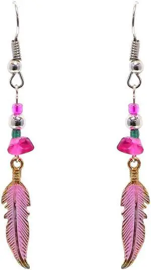 Colored Metal Feather Charm Chip Stone Drop Dangle Earrings - Womens Southwest Fashion Handmade Jewelry Boho Accessories