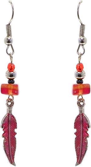 Colored Metal Feather Charm Chip Stone Drop Dangle Earrings - Womens Southwest Fashion Handmade Jewelry Boho Accessories