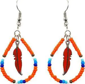 Native American Inspired Teardrop Shaped Seed Beaded Hoop Metal Feather Charm Dangle Earrings - Womens Fashion Handmade Jewelry Boho Accessories