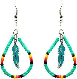 Native American Inspired Teardrop Shaped Seed Beaded Hoop Metal Feather Charm Dangle Earrings - Womens Fashion Handmade Jewelry Boho Accessories