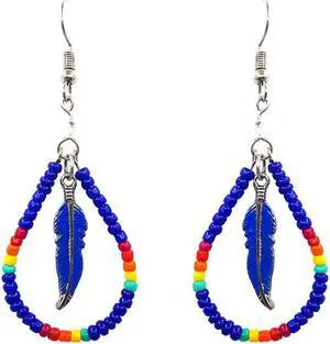 Native American Inspired Teardrop Shaped Seed Beaded Hoop Metal Feather Charm Dangle Earrings - Womens Fashion Handmade Jewelry Boho Accessories
