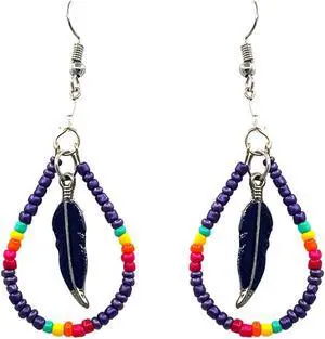 Native American Inspired Teardrop Shaped Seed Beaded Hoop Metal Feather Charm Dangle Earrings - Womens Fashion Handmade Jewelry Boho Accessories
