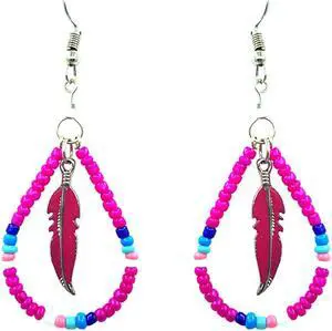 Native American Inspired Teardrop Shaped Seed Beaded Hoop Metal Feather Charm Dangle Earrings - Womens Fashion Handmade Jewelry Boho Accessories