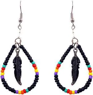 Native American Inspired Teardrop Shaped Seed Beaded Hoop Metal Feather Charm Dangle Earrings - Womens Fashion Handmade Jewelry Boho Accessories