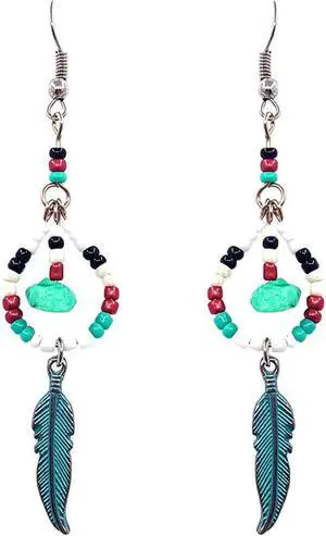 Native American Inspired Teardrop Shaped Seed  Beaded Chip Stone Metal Feather Charm Dangle Earrings - Womens Fashion Handmade Jewelry Boho Accessories