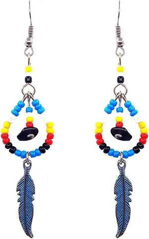 Native American Inspired Teardrop Shaped Seed  Beaded Chip Stone Metal Feather Charm Dangle Earrings - Womens Fashion Handmade Jewelry Boho Accessories