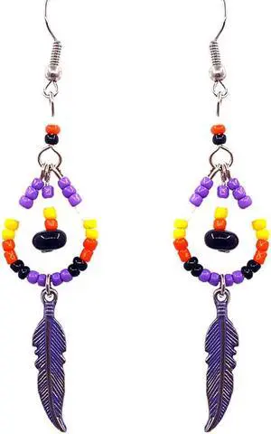 Native American Inspired Teardrop Shaped Seed  Beaded Chip Stone Metal Feather Charm Dangle Earrings - Womens Fashion Handmade Jewelry Boho Accessories
