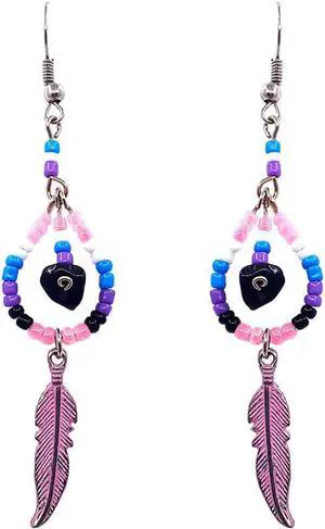 Native American Inspired Teardrop Shaped Seed  Beaded Chip Stone Metal Feather Charm Dangle Earrings - Womens Fashion Handmade Jewelry Boho Accessories