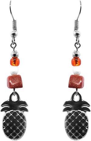 Silver Metal Pineapple Charm Chip Stone Drop Dangle Earrings - Womens Tropical Fashion Handmade Jewelry Boho Accessories