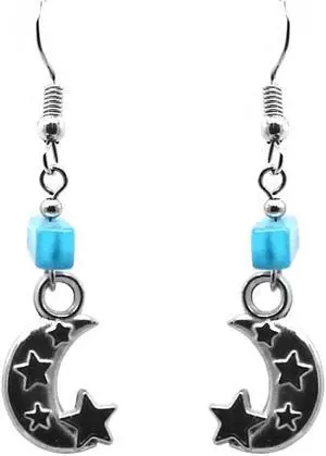 Crescent Half Moon and Stars Silver Metal Charm Chip Stone Dangle Earrings - Womens Fashion Handmade Jewelry Boho Accessories
