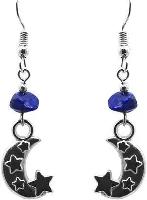 Crescent Half Moon and Stars Silver Metal Charm Chip Stone Dangle Earrings - Womens Fashion Handmade Jewelry Boho Accessories