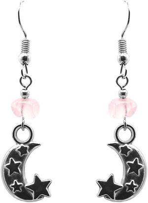 Crescent Half Moon and Stars Silver Metal Charm Chip Stone Dangle Earrings - Womens Fashion Handmade Jewelry Boho Accessories