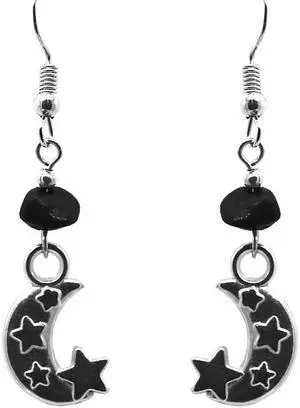 Crescent Half Moon and Stars Silver Metal Charm Chip Stone Dangle Earrings - Womens Fashion Handmade Jewelry Boho Accessories