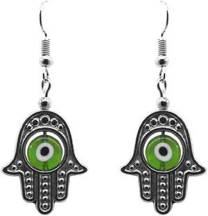 Hamsa Hand Silver Metal Charm Evil Eye Bead Dangle Earrings  - Womens Fashion Handmade Jewelry Boho Accessories