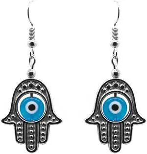Hamsa Hand Silver Metal Charm Evil Eye Bead Dangle Earrings  - Womens Fashion Handmade Jewelry Boho Accessories