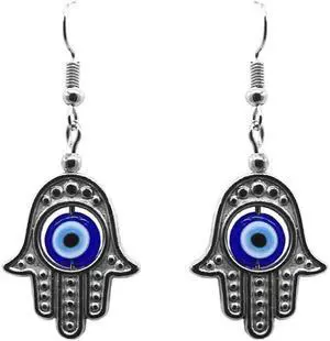 Hamsa Hand Silver Metal Charm Evil Eye Bead Dangle Earrings  - Womens Fashion Handmade Jewelry Boho Accessories