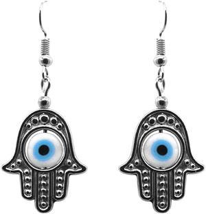 Hamsa Hand Silver Metal Charm Evil Eye Bead Dangle Earrings  - Womens Fashion Handmade Jewelry Boho Accessories