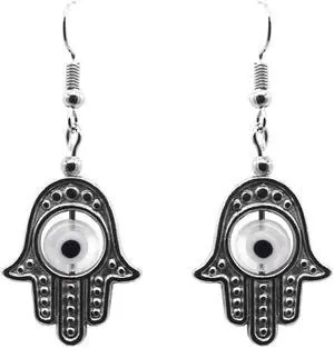 Hamsa Hand Silver Metal Charm Evil Eye Bead Dangle Earrings  - Womens Fashion Handmade Jewelry Boho Accessories