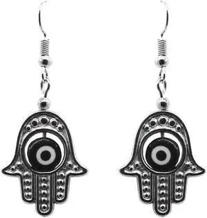 Hamsa Hand Silver Metal Charm Evil Eye Bead Dangle Earrings  - Womens Fashion Handmade Jewelry Boho Accessories