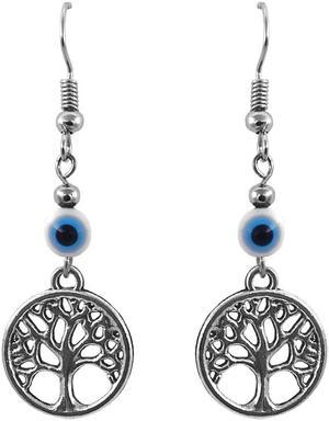 Round Silver Metal Tree of Life Charm Evil Eye Nazar Beaded Dangle Earrings - Womens Fashion Handmade Jewelry Boho Accessories