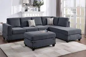 Granna 3 Piece Charcoal Sectional Sofa Set Upholstered in Chenille Fabric
