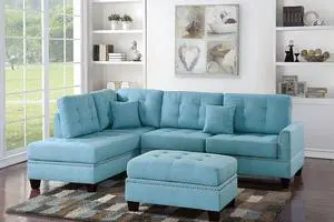Albi Blue 3-Piece Sectional Sofa Set with Ottoman Covers in Polyfiber