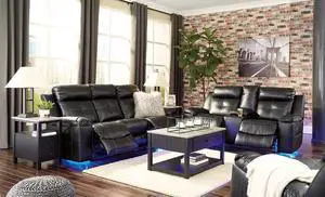 Mahon 3 Piece Led Reclining Living Room Set in Black Faux Leather