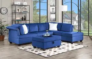 Valenca 3 Piece Sectional with Storage Ottoman Upholstered in Blue Velvet
