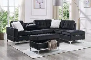 Aveiro 3 Piece Sectional with Ottoman Covers in Black Velvet