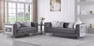 Mestre 2-Piece Grey Living Room Sofa Set Upholstered in Velvet Fabric